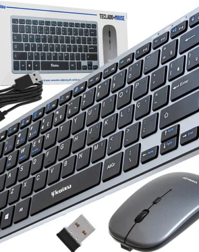 Kit Teclado e Mouse Sem Fio Slim Bluetooth Wireless 1600DPI ABNT Recarregável Notebook Tablet Kaizu HK-8860 Cor Cinza